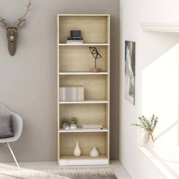  5-Tier Book Cabinet White and Sonoma Oak 60x24x175 cm Engineered Wood