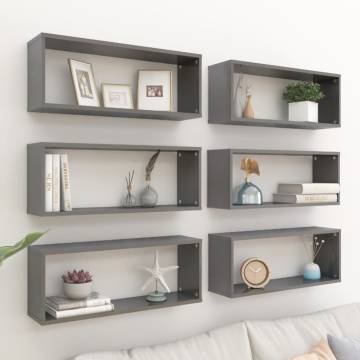  Wall Cube Shelf 6 pcs High Gloss Grey 60x15x23 cm Engineered Wood