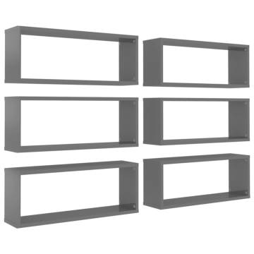  Wall Cube Shelf 6 pcs High Gloss Grey 60x15x23 cm Engineered Wood