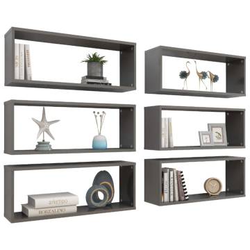  Wall Cube Shelf 6 pcs High Gloss Grey 60x15x23 cm Engineered Wood