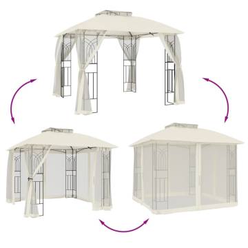  Gazebo with Double Roof and Mesh Walls Cream 2.94x2.94 m Steel