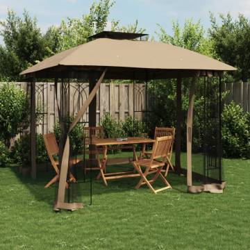  Gazebo with Double Roof and Mesh Walls Taupe 2.94x2.94 m Steel