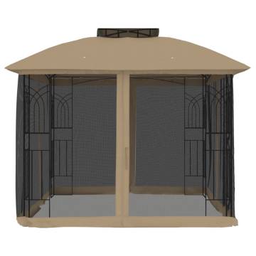  Gazebo with Double Roof and Mesh Walls Taupe 2.94x2.94 m Steel