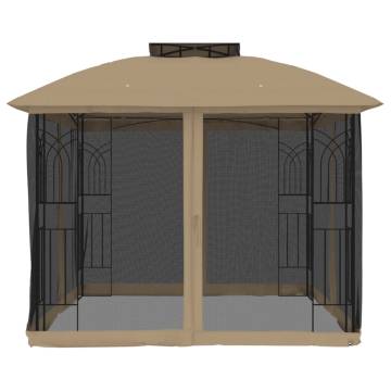  Gazebo with Double Roof and Mesh Walls Taupe 2.94x2.94 m Steel