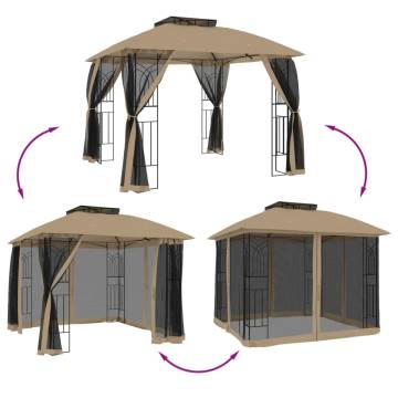  Gazebo with Double Roof and Mesh Walls Taupe 2.94x2.94 m Steel