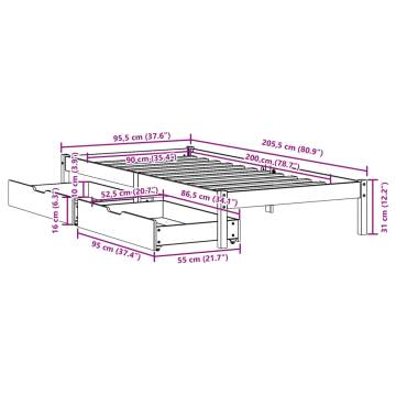  Bed Frame with Drawers White 90x200 cm Solid Wood Pine