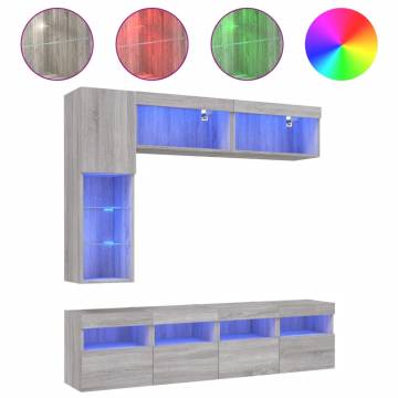  7 Piece TV Wall Cabinet Set with LED Lights Grey Sonoma