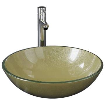 Bathroom Sink with Tap and Push Drain Gold Tempered Glass