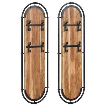  Wall-mounted Coat Racks with 4 Hooks 2 pcs Solid Wood Acacia