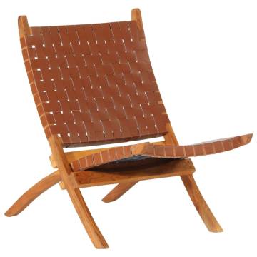 Folding Relaxing Chair Brown Real Leather