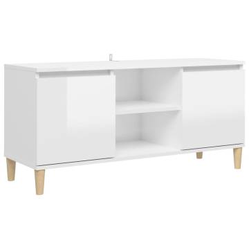 TV Cabinet & Solid Wood Legs High Gloss White 103.5x35x50 cm