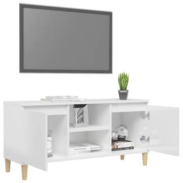 TV Cabinet & Solid Wood Legs High Gloss White 103.5x35x50 cm