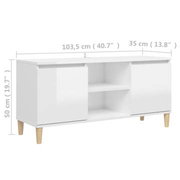 TV Cabinet & Solid Wood Legs High Gloss White 103.5x35x50 cm