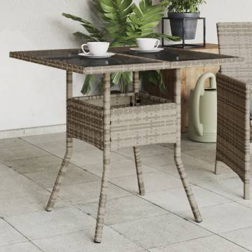 Garden Table with Glass Top Grey 80x80x75 cm Poly Rattan