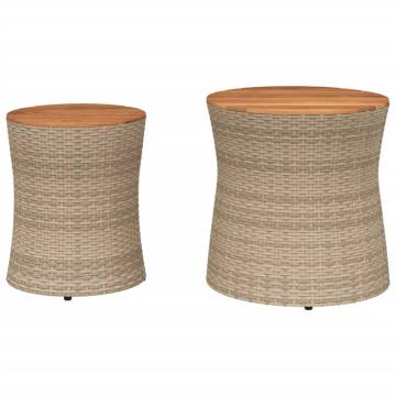 Garden Side Tables 2 pcs with Wooden Top Beige Poly Rattan