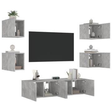 6 Piece TV Wall Units with LED Concrete Grey Engineered Wood