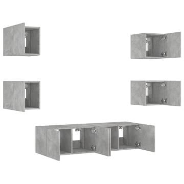 6 Piece TV Wall Units with LED Concrete Grey Engineered Wood