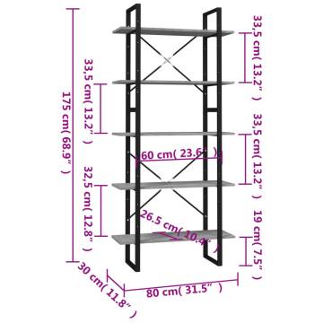 5-Tier Book Cabinet Concrete Grey 80x30x175 cm Engineered Wood