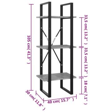 3-Tier Book Cabinet Concrete Grey 40x30x105 cm Engineered Wood