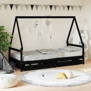 Kids Bed Frame with Drawers Black 90x190 cm Solid Wood Pine