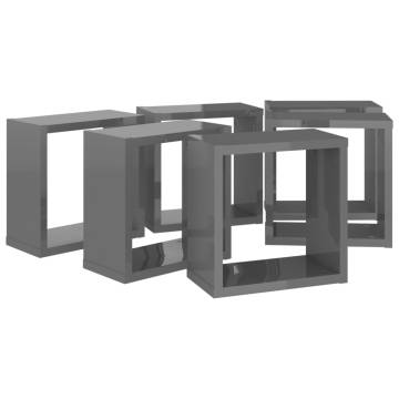 Wall Cube Shelves 6 pcs High Gloss Grey 30x15x30 cm