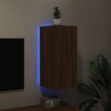 TV Wall Cabinet with LED Lights Brown Oak 30.5x35x70 cm