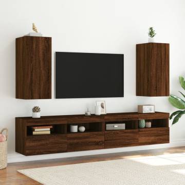 TV Wall Cabinet with LED Lights Brown Oak 30.5x35x70 cm