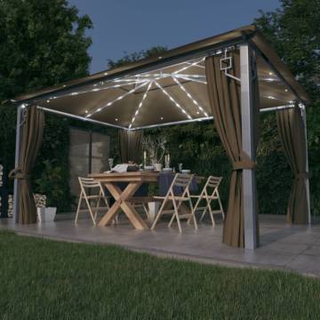 Gazebo with Curtain&LED String Lights 4x3 m Taupe Aluminium