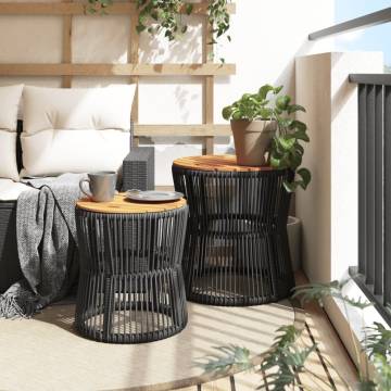 Garden Side Tables 2 pcs with Wooden Top Black Poly Rattan