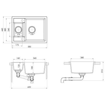 Kitchen Sink with Overflow Hole Double Basins Black Granite