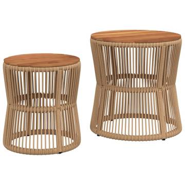 Garden Side Tables 2 pcs with Wooden Top Beige Poly Rattan