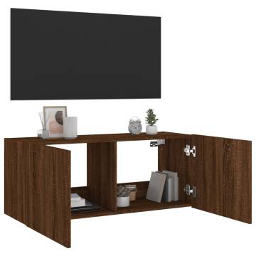 TV Wall Cabinet with LED Lights Brown Oak 100x35x41 cm