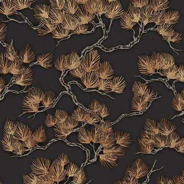 DUTCH WALLCOVERINGS Wallpaper Pine Tree Black and Gold