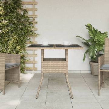 Garden Table with Glass Top Beige 80x80x75 cm Poly Rattan