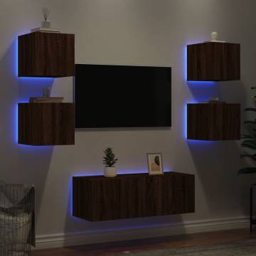 6 Piece TV Wall Units with LED Brown Oak Engineered Wood