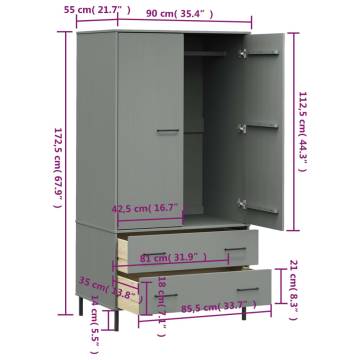 Wardrobe with Metal Legs Grey 90x55x172.5 cm Solid Wood OSLO