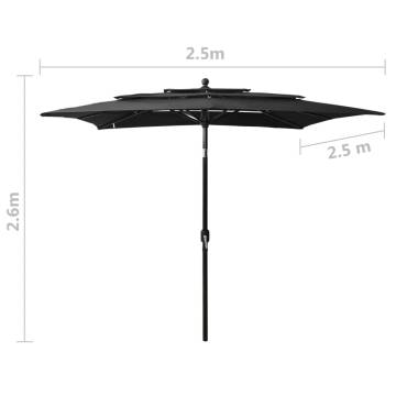 3-Tier Parasol with Aluminium Pole Black 2.5x2.5 m