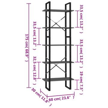 5-Tier Book Cabinet Grey 60x30x175 cm Engineered Wood