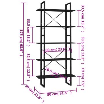 5-Tier Book Cabinet Black 80x30x175 cm Engineered Wood