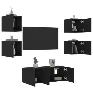 6 Piece TV Wall Units with LED Black Engineered Wood