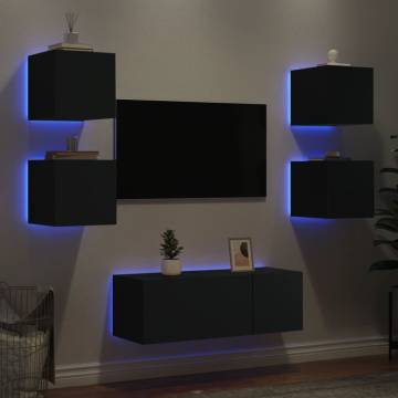 6 Piece TV Wall Units with LED Black Engineered Wood