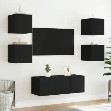 6 Piece TV Wall Units with LED Black Engineered Wood