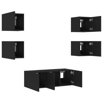 6 Piece TV Wall Units with LED Black Engineered Wood