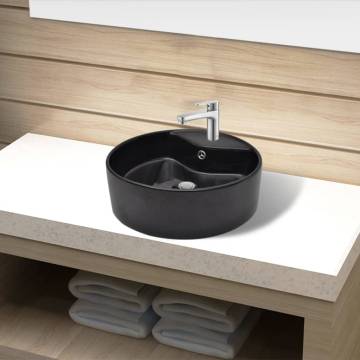 Ceramic Bathroom Sink Basin Faucet/Overflow Hole Black Round