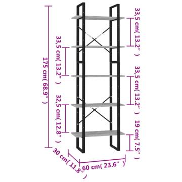 5-Tier Book Cabinet Concrete Grey 60x30x175 cm Engineered Wood