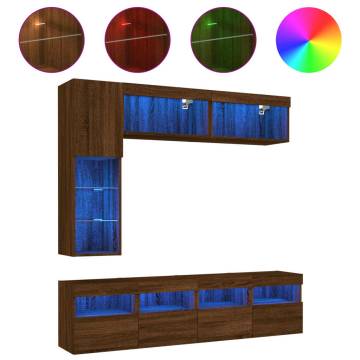 7 Piece TV Wall Cabinet Set with LED Lights Brown Oak