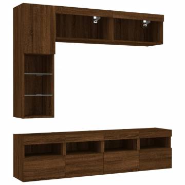 7 Piece TV Wall Cabinet Set with LED Lights Brown Oak