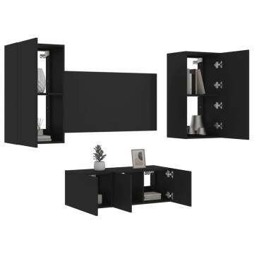 4 Piece TV Wall Units with LED Black Engineered Wood