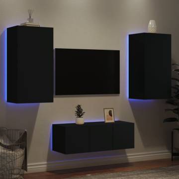 4 Piece TV Wall Units with LED Black Engineered Wood