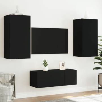 4 Piece TV Wall Units with LED Black Engineered Wood